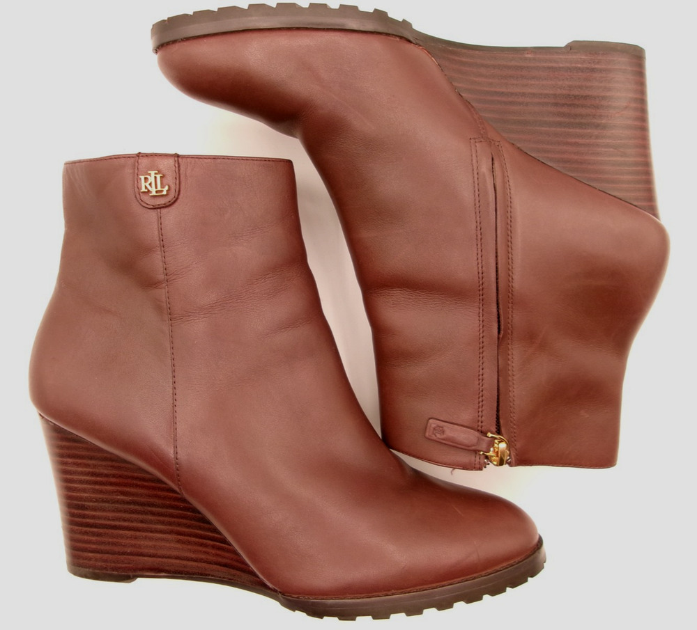 Lauren Ralph Lauren Shaley Leather Wedge Ankle Boots Brown Size 10B